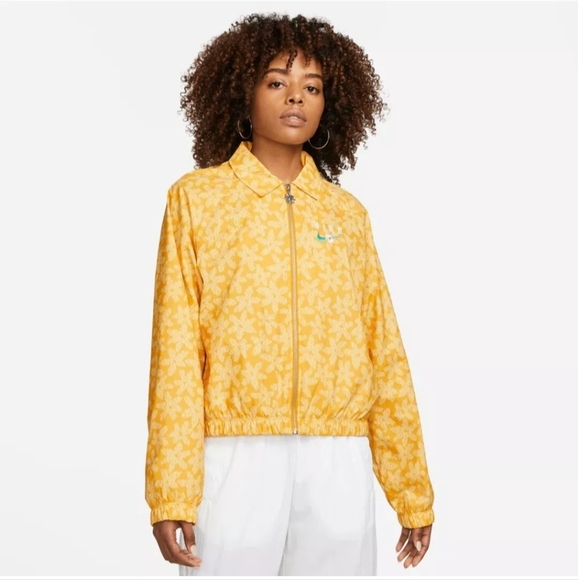 Nike Sportswear Windbreaker Jacket Women Sz XL Yellow Floral Full Zip Loose Fit - Picture 1 of 13